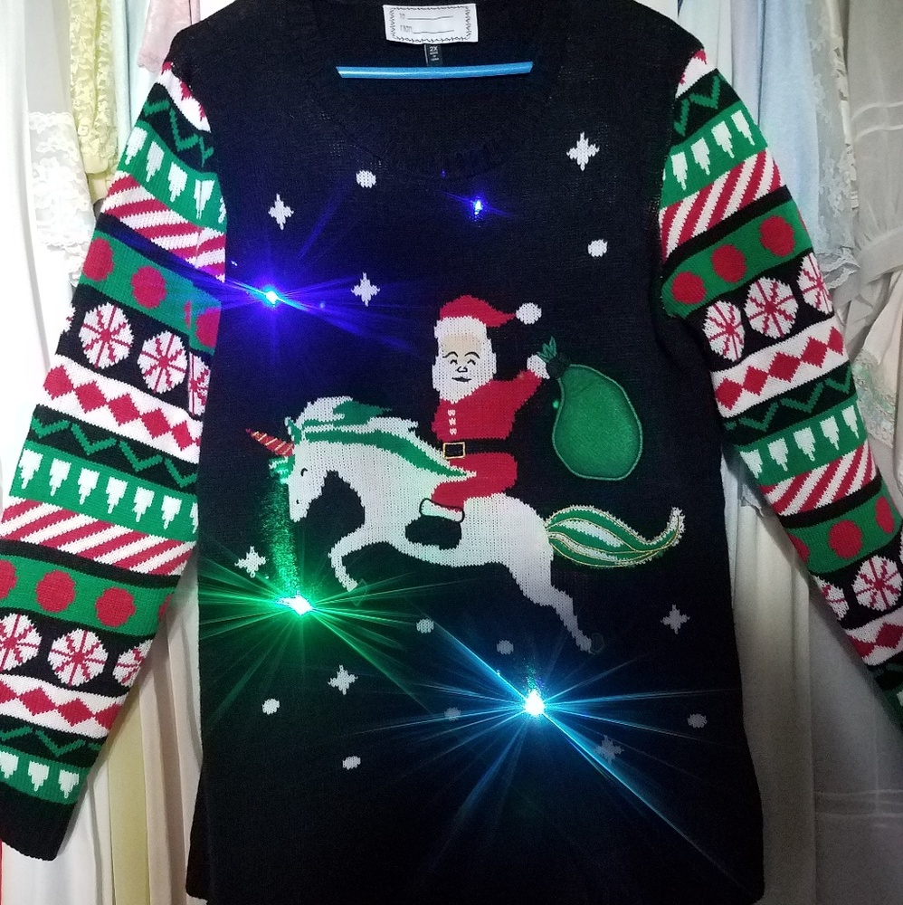 Ugly Christmas Light up Sweater Santa on Unicorn!